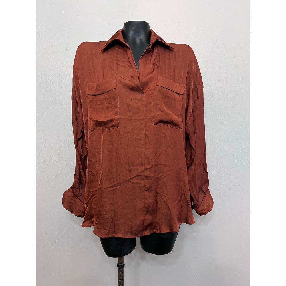 Free People Copper Blouse Sz S/P Collared Open V-Neck Pockets Minimalist Boho